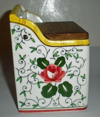 Vintage Ucagco PY Rooster Roses Salt Box Wooden Top 3