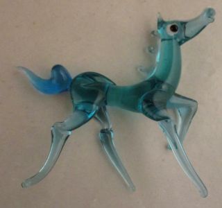 Vtg Handmade Murano Art Glass Horse Figure Blue White Animal Mini