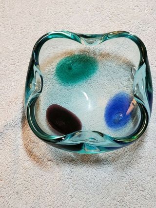 Murano Art Glass Bowl Or Cigar Ashtray Vintage Multi - Colored Aqua Green