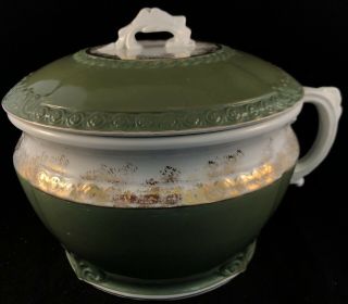 Vintage Semi Porcelain Johnson Bros England Lidded Chamber Pot Gold And Green