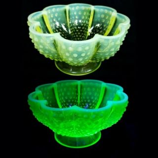 Fenton Topaz Opalescent Vaseline Glass Hobnail Scalloped Bowl Candy Dish