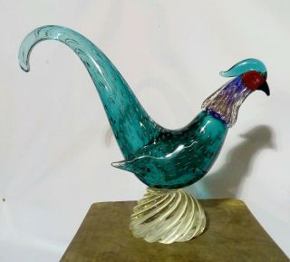 Large Vintage Murano Art Glass Chicken.  Rooster Sculpture.  Blue And Gold