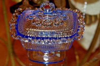 Antique Blue Footed Scalloped Edge Ribbed Glass Candy Dish With Lid