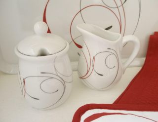Corelle Coordinates Splendor Porcelain Cream & Sugar Bowl Red Grey Scrolls