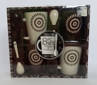 Home Essentials 8 - Piece Brown & Cream 10 Oz Mug & Spoon Set Sunburst Nib
