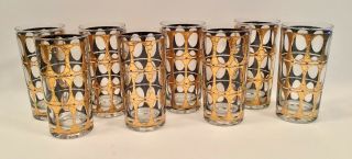Set 8 Mid Century Culver Pisa 22k Gold Highball Barware Glasses Tumblers Ovals
