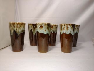 Set Of 6 Vintage Usa Brown Drip Glaze Pottery 12 Oz Tumblers (5.  5”)