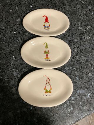 Rae Dunn Christmas Gnome Oval Plates - Magic,  Merry,  Mischief (set Of 3)