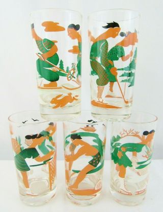 Set Of 5 Vintage Mid Century Sports Themed Drinking Glasses - Tennis Skiing Golf