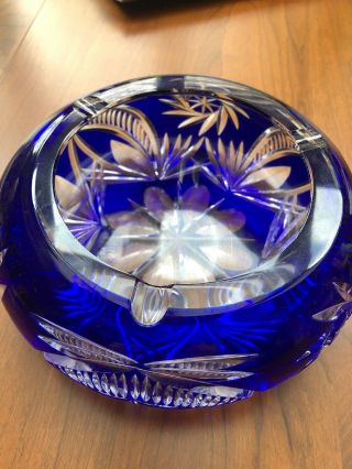 Blue Cut To Clear Crystal Cut Glass Ashtray Trinket Dish Flowers Perfect Cond