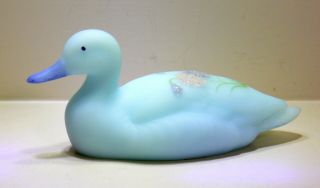 FENTON MALLARD DUCK FROSTED ASTERS ON BLUE SATIN 5147 SIGNED 5