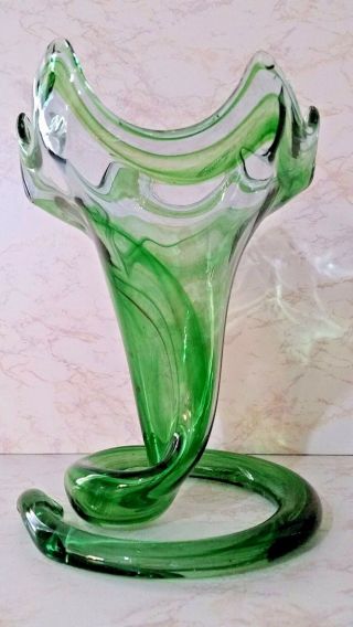 Vintage Trumpet Vase W/swirl Stem Vase - Murano Style - Green - 1960s Art Glass