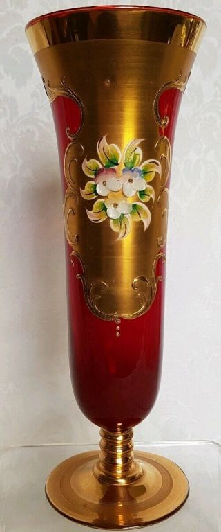 Vintage Murano Art Glass Ruby Red & 24k Gold Encrusted Vase W/applied Flowers