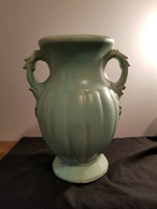 Vtg Mccoy Pottery Matte Aqua Green Two Handle Melon Ribbed Vase 12 "