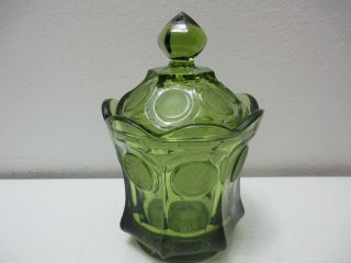 Vintage Fostoria Glass Coin Pattern Glass Covered Candy Dish Olive Green 6 1/4 "