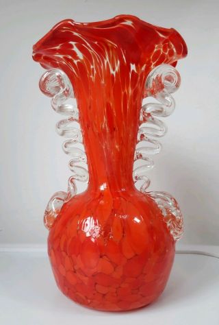 Hand Blown Murano Venetian Art Glass Vase Mottled Orange & Red