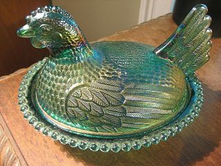 Vintage Indiana Teal Aqua Carnival Glass Nesting Hen Candy Dish