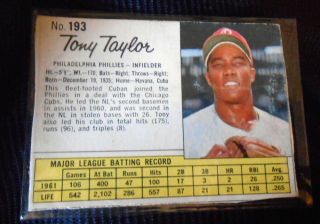1962 Jell - O Tony Taylor Phila.  Phillies Chicago Cubs Detroit Tigers 193 Rare Nr