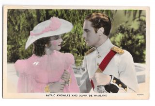Patric Knowles Olivia De Havilland Real Photo Hand Colored 1930s Postcard