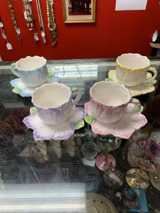 Vintage 1992 The Bombay Company Tea Set 8 Piece Cup & Saucer Flower Petals