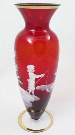 Vintage Fenton Hand Painted Mary Gregory Boy Fishing Vase Ruby Red W/ Gold Trim