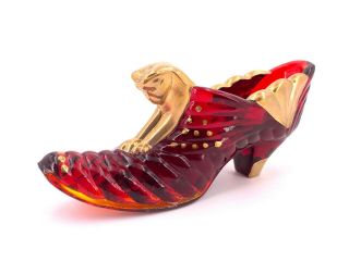 Fenton Ruby Red Cat Head Shoe With Gold Trim Hand Painted (m516 - 30)