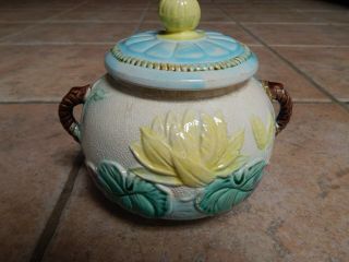 Antique England Samuel Lear Majolica Water Lily Sugar Bowl With Lid