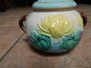 ANTIQUE ENGLAND SAMUEL LEAR MAJOLICA WATER LILY SUGAR BOWL WITH LID 5