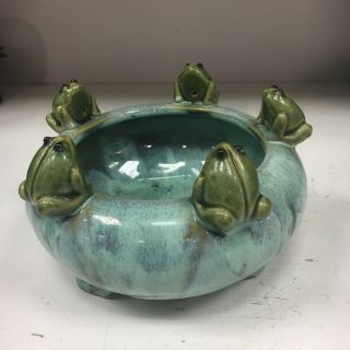 Vintage Studio Art Pottery Majolica Style 5 Frog Bowl Planter Blue Green