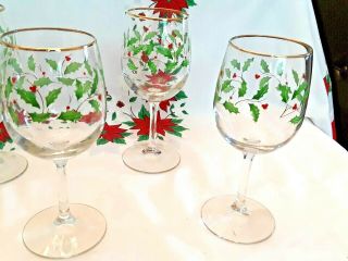 Set of 7 Lenox Holiday Holly & Berries Gold Trim Wine Glasses 5