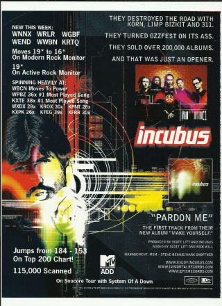 Incubus Pardon Me Trade Ad Poster For 1999 Make Yourself Cd 1999