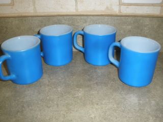 Vintage Anchor Hocking White Milk Glass Set Of 4 Blue Mugs Euc