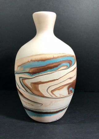 Nemadji Art Pottery Bisque Clay Vase Marbled Turquoise Brown Southwestern Decor