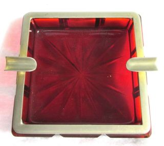 Mid Century Hollywood Regency Ruby Red Murano Glass Ashtray With Gold Trim