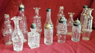 13 Old Assorted Antique Castor Set Cruet Bottles Clear Glass Etched Designs