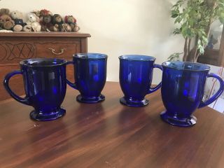 Set Of 4 Vintage Anchor Hocking 16oz Cobalt Blue Glass Pedestal Coffee Cups Mugs