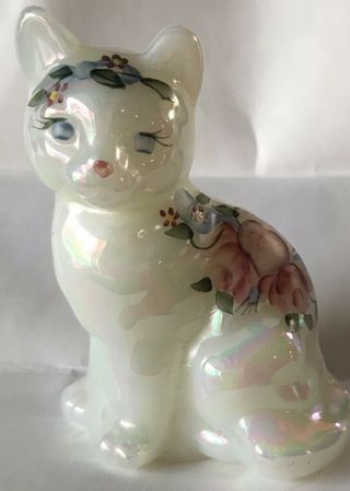 Fenton Iridescent Glass Cat Figurine Hand Painted Pink Blue Flowers Fredrick