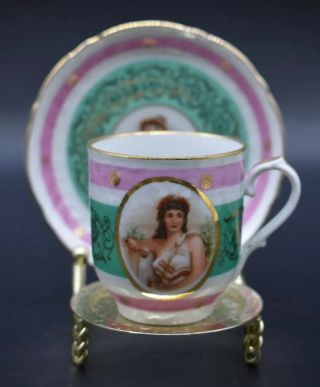Schumann Dresden German Pink Green & Gold Empress Josephine Portrait Cup Set