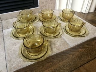 Set Of 7 Federal Glass Madrid Yellow/amber Coffee Tea Cups And Saucers