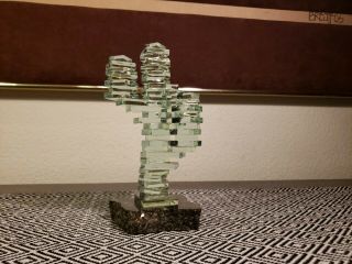 Vtg Mid Century 7 " Stacked Art Glass Saguaro Cactus Southwest Statue Green Tint
