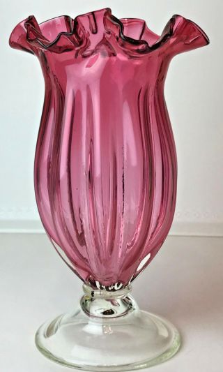 Vintage 10 " Cranberry Art Glass Vase Ruffle Top Clear Base