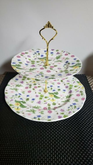 $119 Queens Country Meadow 2 Tiered Serving Tray Large Dinner & Salad Plate