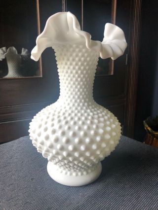 Fenton Art Glass Large Milk Hobnail Ruffled Top Vase 11” Exc Cond
