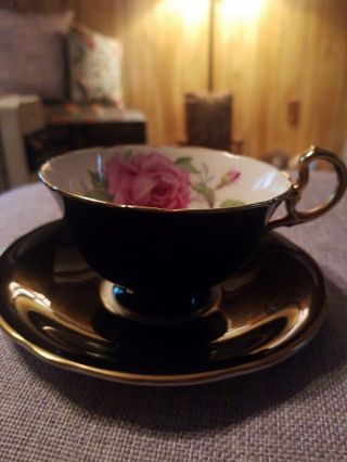 Aynsley Corset Teacup & Saucer Large Pink Rose On Black.  England