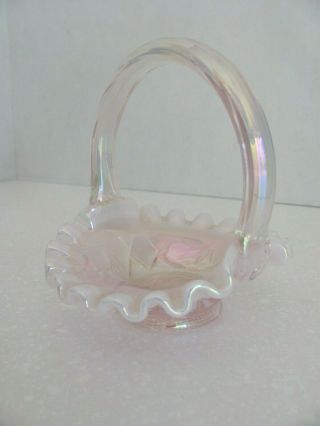 Fenton Glass Mini Basket Champagne Opalescent Light Pink Aztec Applied Handle