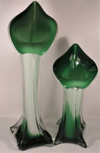 Studio Art Glass Emerald Green And White Jack In The Pulpit Calla Lilly Vases.