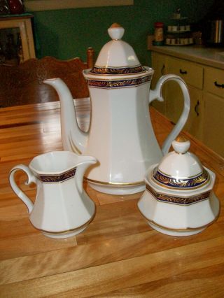 Winterling Bavaria Coffeepot/teapot Cream Pitcher & Sugar Bowl Blue/gold/white