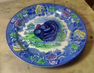 Antique Porcelain Turkey Plate Wood ' s Burslem England Deep Blue & Colors 3