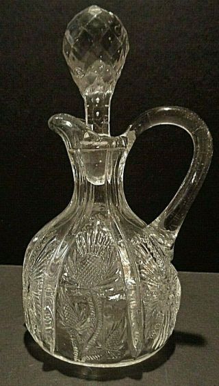 Vintage Cut Glass Thistle Pattern Oil & Vinegar Cruet Decanter 6” Tall Glass Sto