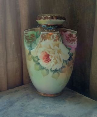 Antique Morimura Hand Painted Nippon Vase Roses Unusual Shape Art Pottery